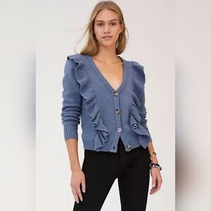 Anthropologie Blue Ruffle Front Cardigan V-neck Whimsy Cottagecore Sweater